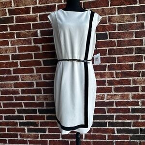 Calvin Klein White Midi Sheath Dress with Black Trim